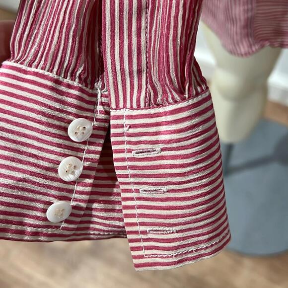 I.e. women’s silk blouse size 1X red and white striped button down shirt - Picture 3 of 7